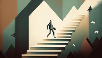 Business concept illustration of a man walking on a stairway leading up to up arrow. photo