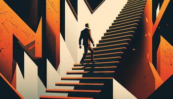 negocio concepto ilustración de un hombre caminando en un escalera líder arriba a arriba flecha. generativo ai foto
