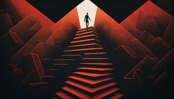 Business concept illustration of a man walking on a stairway leading up to up arrow. photo