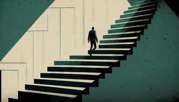 Business concept illustration of a man walking on a stairway leading up to up arrow. photo