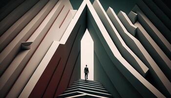 Business concept illustration of a man walking on a stairway leading up to up arrow. photo