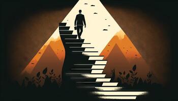 Business concept illustration of a man walking on a stairway leading up to up arrow. photo