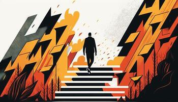 Business concept illustration of a man walking on a stairway leading up to up arrow. photo