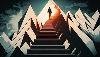 Business concept illustration of a man walking on a stairway leading up to up arrow. photo