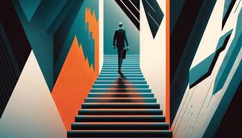 Business concept illustration of a man walking on a stairway leading up to up arrow. photo