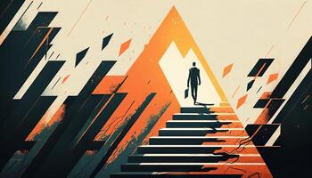 Business concept illustration of a man walking on a stairway leading up to up arrow. photo