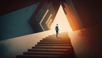 Business concept illustration of a man walking on a stairway leading up to up arrow. photo