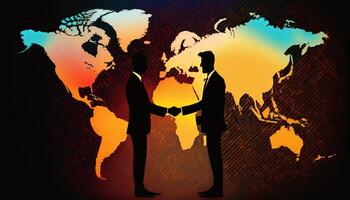 Two businessman investor handshake with effect global world map network link connection. photo