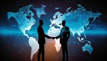 Two businessman investor handshake with effect global world map network link connection. photo