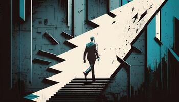 Business concept illustration of a man walking on a stairway leading up to up arrow. photo