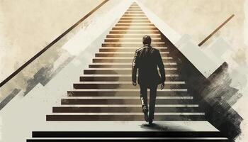 Business concept illustration of a man walking on a stairway leading up to up arrow. photo