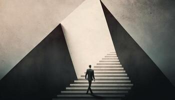 Business concept illustration of a man walking on a stairway leading up to up arrow. photo