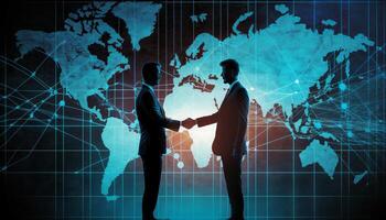 Two businessman investor handshake with effect global world map network link connection. photo