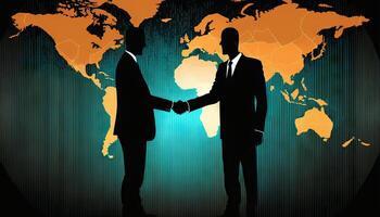 Two businessman investor handshake with effect global world map network link connection. photo