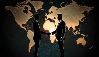 Two businessman investor handshake with effect global world map network link connection. photo