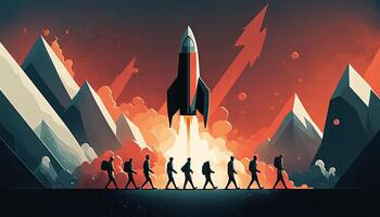 Business concept illustration of group of businessman walking towards a rocket, start up business concept. photo