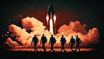 Business concept illustration of group of businessman walking towards a rocket, start up business concept. photo