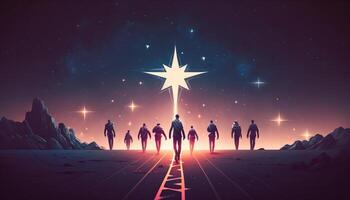 Man points to the star and leads his friends to follow him on his way forward, success journey, leadership. photo