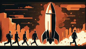 Business concept illustration of group of businessman walking towards a rocket, start up business concept. photo