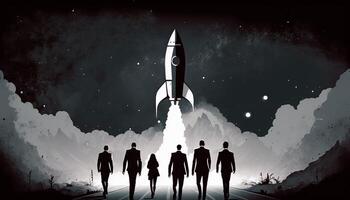 Business concept illustration of group of businessman walking towards a rocket, start up business concept. photo