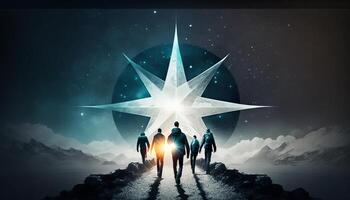 Man points to the star and leads his friends to follow him on his way forward, success journey, leadership. photo