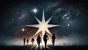 Man points to the star and leads his friends to follow him on his way forward, success journey, leadership. photo