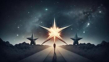 Man points to the star and leads his friends to follow him on his way forward, success journey, leadership. photo