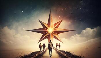 Man points to the star and leads his friends to follow him on his way forward, success journey, leadership. photo