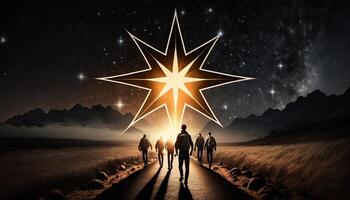 Man points to the star and leads his friends to follow him on his way forward, success journey, leadership. photo