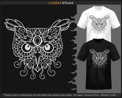 owl head mandala arts isolated on black and white t-shirt. vector