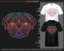 Gradient Colorful pug dog head mandala arts isolated on black and white t shirt. vector