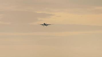 lungo tiro di Jet aereo si avvicina per approdo. metraggio di aereo di linea nel il tramonto cielo. turismo e viaggio concetto. aereo silhouette video