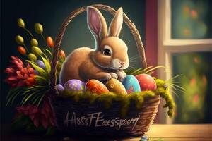 AI Images of happy easter with easter egg and easter bunny photo