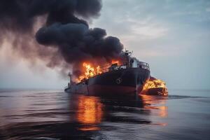 the ship is on fire at sea. fire on the ship. photo