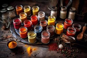 jars with spices on a wooden table. multi-colored loose substances. photo