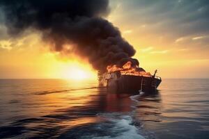 el Embarcacion es en fuego a mar. fuego en el barco. ai generado foto