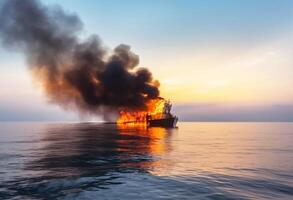 the ship is on fire at sea. fire on the ship. photo