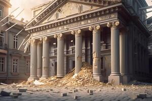 destrucción de un edificio con columnas banco edificio colapsar. ai generado foto
