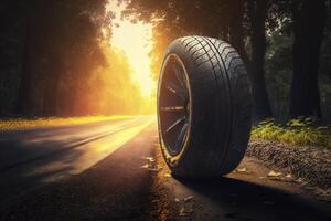 coche neumático en el asfalto camino, creado con generativo ai foto