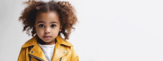 linda pequeño africano americano niña en blanco fondo, creado con generativo ai foto