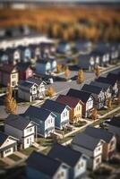 Modern generic suburb style model buildings with tilt shift effect, created with photo