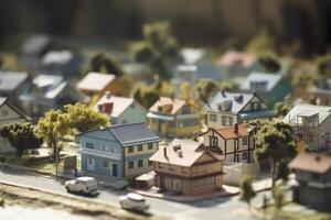 Modern generic suburb style model buildings with tilt shift effect, created with photo