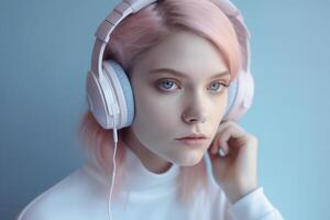 Young woman listem music with wireless headphones created with photo