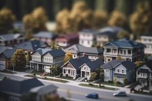 Modern generic suburb style model buildings with tilt shift effect, created with photo