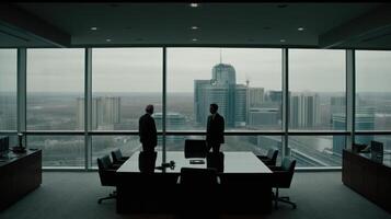 tiempo oficina escena con empresarios en un polémico discusión, observado por un misterioso cifra, vitrinas generativo ai. foto