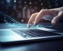 Realistic hand on laptop highlights database management, cloud computing, cyber security, possibilities. photo