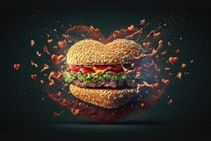 hamburguesa en corazón forma con pequeño corazones explotando ai generado foto