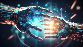 AI, Machine learning, Hands of robot and human touching on big data network connection background, Science and artificial intelligence technology, innovation and futuris. photo