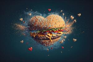 hamburguesa en corazón forma con pequeño corazones explotando ai generado foto