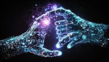 AI, Machine learning, Hands of robot and human touching on big data network connection background, Science and artificial intelligence technology, innovation and futuris. photo